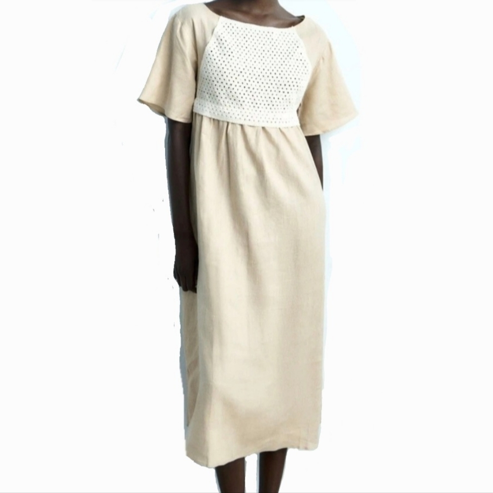 ZARA Sand Tan 100% Linen Knit Crochet Detail Midi Dress Size Large